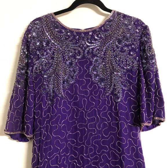Vintage 1980s Purple Sequin and Beaded Silk Dress Art Deco Flapper Style Size 10 - Picture 2 of 13